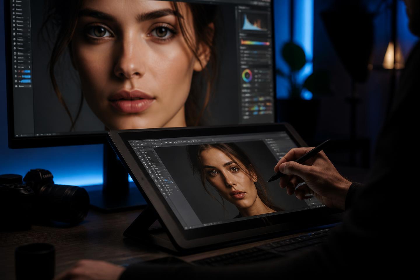 Professional photographer reviewing retouched portraits on a calibrated editing station